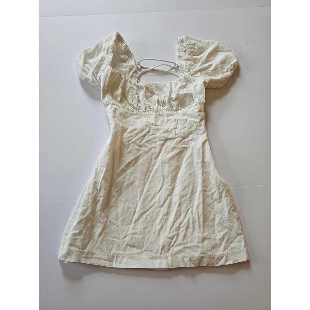 Louna Mini Dress‎ Womens Small White Puff Sleeve Lace Up Back Cottagecore Cotton